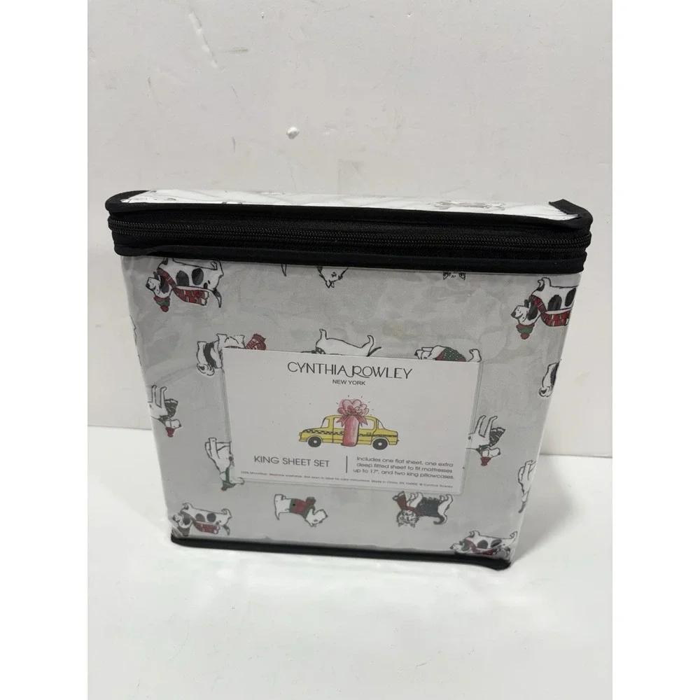 Cynthia Rowley‎ Christmas Dog KING Sheet Set Holiday Winter Sweater Scarf XDeep